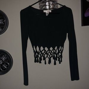 Black long sleeve crop top with bottom detailing